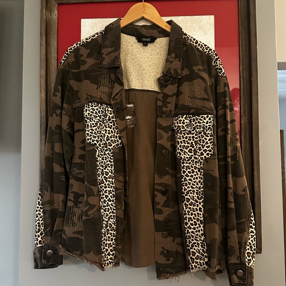 ODDY Olive Camo Utility Jacket with Leopard Patchwork